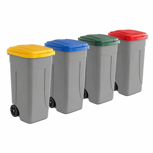 Mobil Plastic Kit 4 bidoni raccolta differenziata 100 lt. Giallo + Blu + Rosso + Verde, 4 Pattumiere con ruote incluse, Secchi Spazzatura 100 Lt