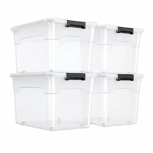 Juskys scatola per conservazione con coperchio - set da 4 scatole in plastica 60l - Scatola grande, impilabile, trasparente - Sistema