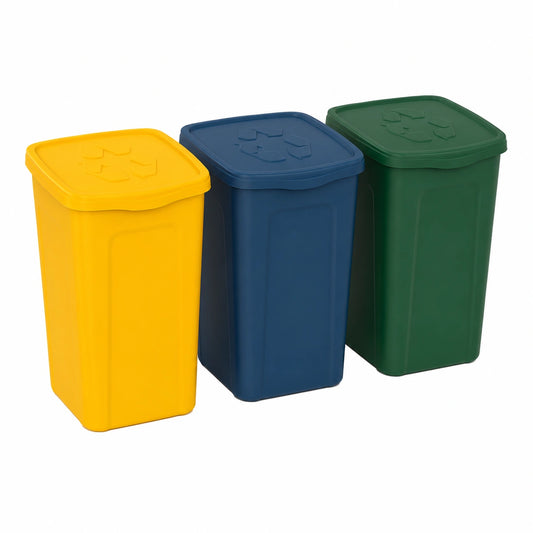 Set 3 contenitori Pattumiere da 50L - Totale 150 litri, per raccolta differenziata - Bidoni multicolore in plastica resistente, ideali per cucina