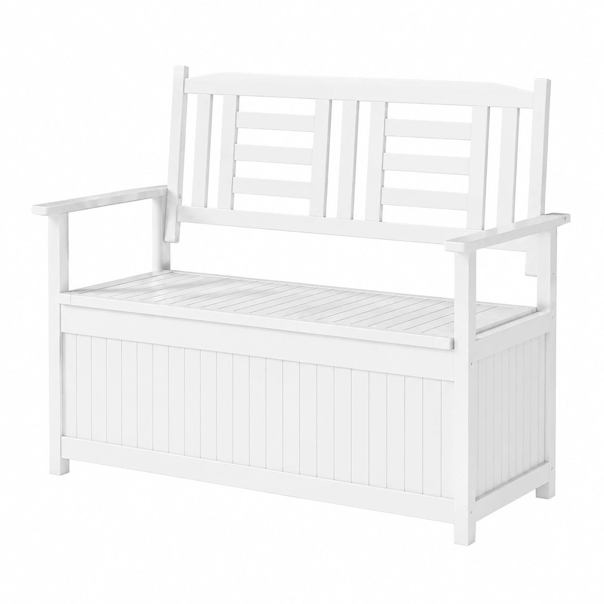 Contenitore di Legno (Bianco), Cassapanca da Esterno 2 Posti con Schienale e Braccioli, Panca per Cortile e Ingresso, 123 × 68,5 × 96 cm
