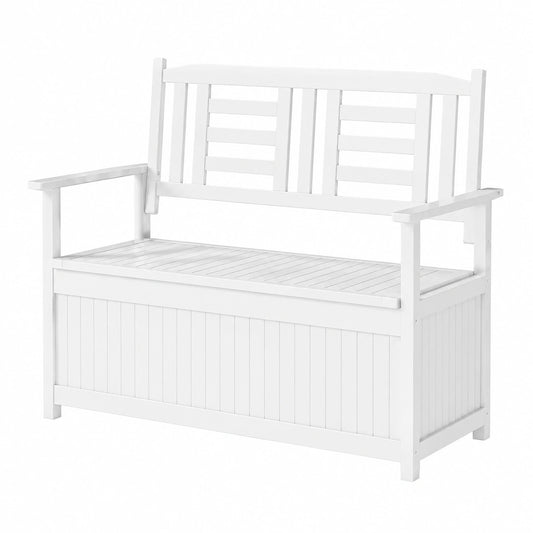Contenitore di Legno (Bianco), Cassapanca da Esterno 2 Posti con Schienale e Braccioli, Panca per Cortile e Ingresso, 123 × 68,5 × 96 cm