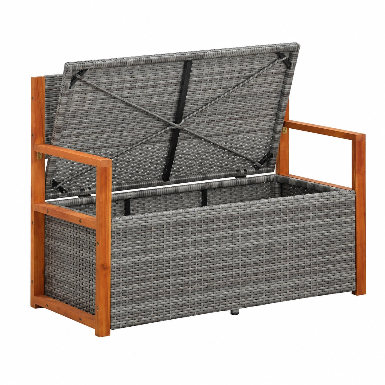 Cassapanca 115 cm Polyrattan Legno Acacia Grigia, Vano Contenitore, Cuscino Rimovibile, Resistente Agenti Atmosferici, Uso Esterno