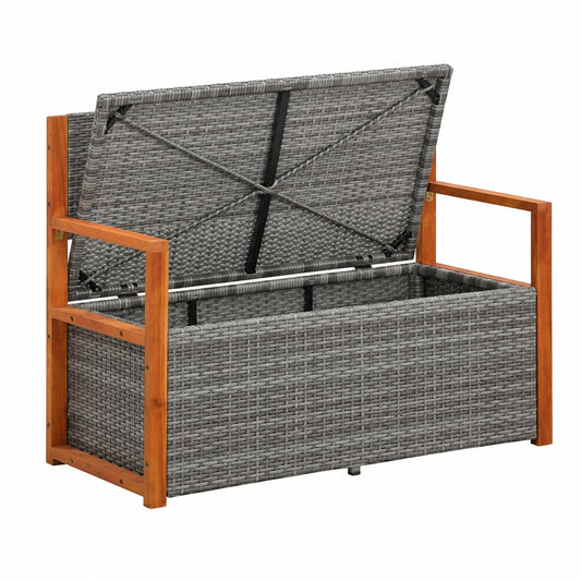 Cassapanca 115 cm Polyrattan Legno Acacia Grigia, Vano Contenitore, Cuscino Rimovibile, Resistente Agenti Atmosferici, Uso Esterno
